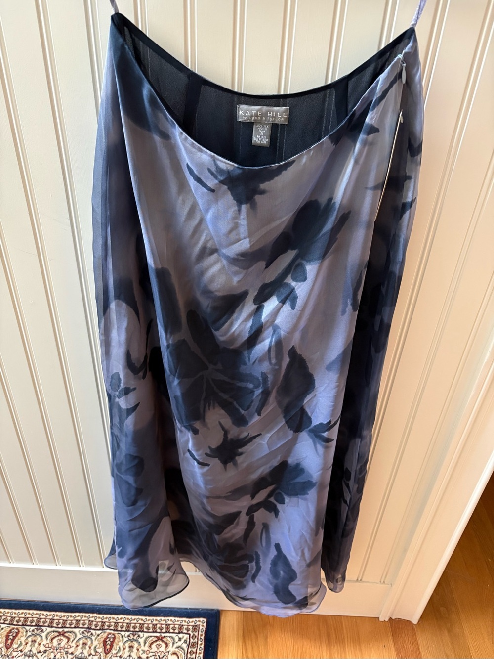 Kate Hill Lavender and Navy Lined Floral Silk Midi Skirt. NWT